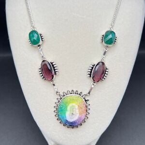 Rainbow Solar Quartz Necklace Silver Green Garnet Faceted Gemstones Boho Artisan